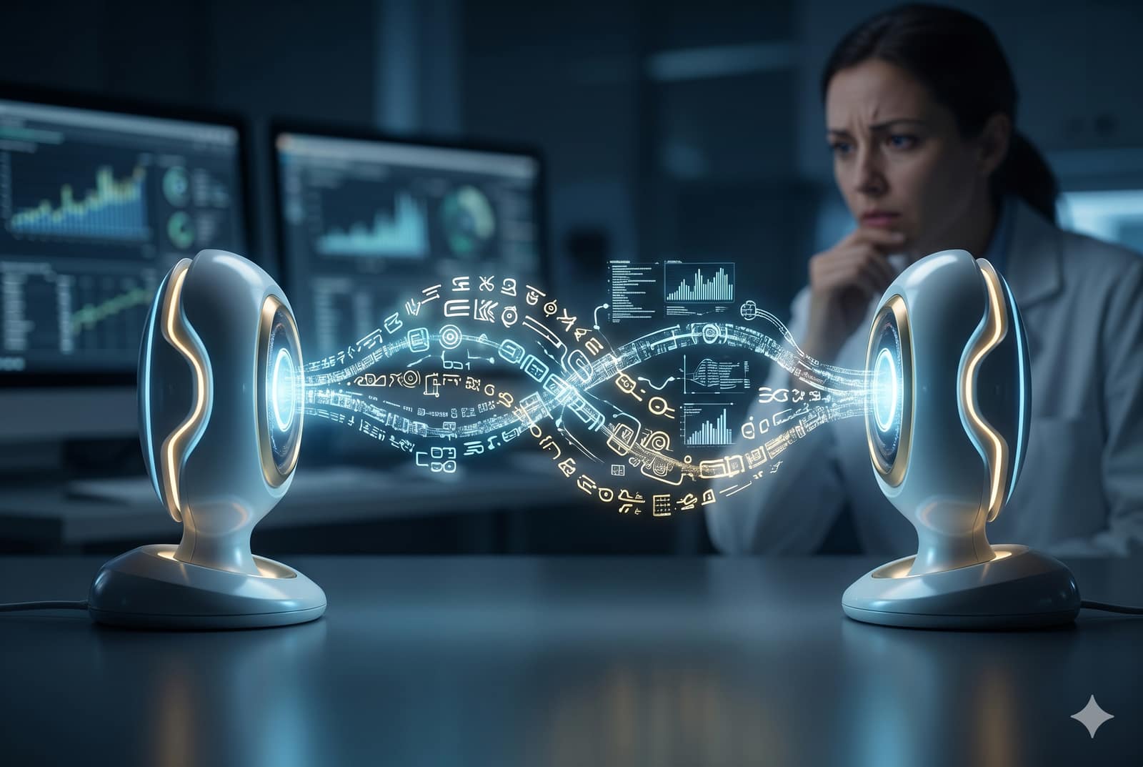 Representación artística de dos entidades de inteligencia artificial intercambiando flujos de datos y códigos abstractos en un entorno digital, ilustrando el momento cuando las máquinas empezaron a hablar entre ellas de forma autónoma.