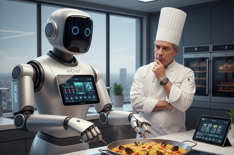 Robot de cocina avanzado con inteligencia artificial preparando una paella frente a la mirada escéptica de un chef profesional en una cocina moderna.