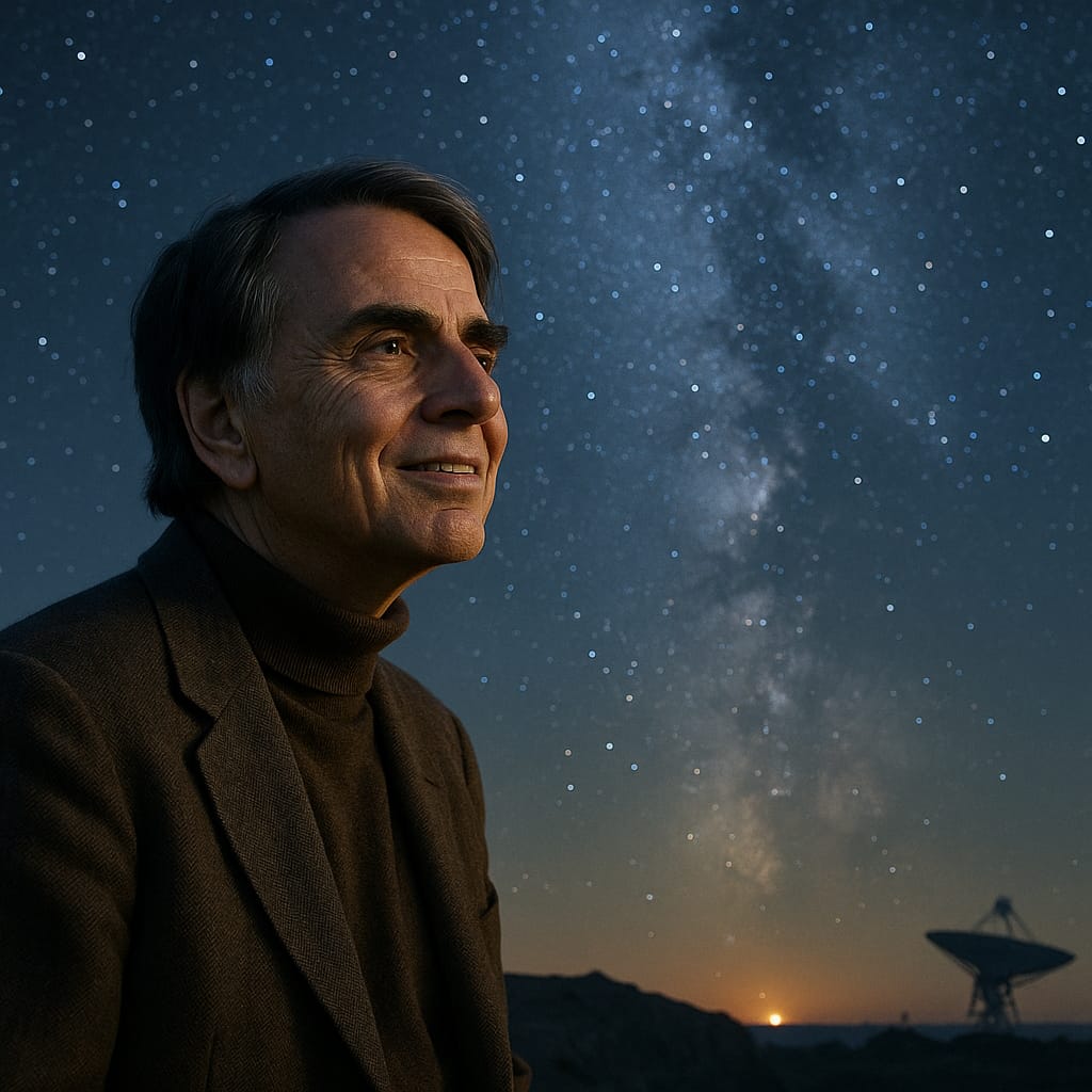 Carl Sagan contemplando el cielo estrellado con la Vía Láctea y un radiotelescopio al fondo, alusión a la misión Voyager.