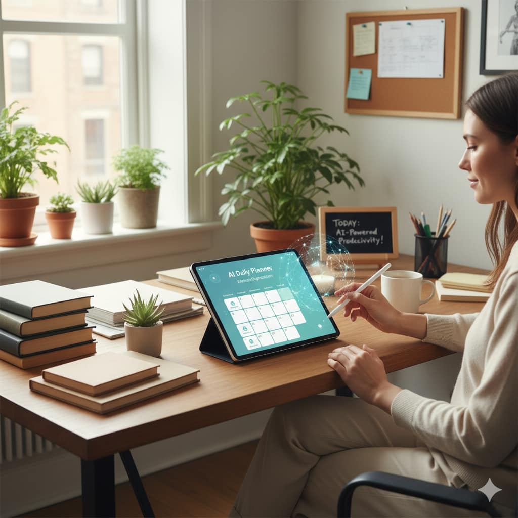 Mujer en su hogar usando una tablet con aplicaciones de Inteligencia Artificial para organizar sus tareas diarias.