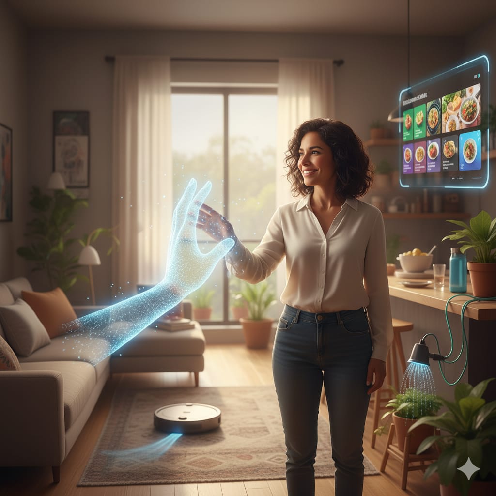 Persona utilizando un asistente virtual de Inteligencia Artificial en casa para organizar tareas domésticas y mejorar su bienestar.