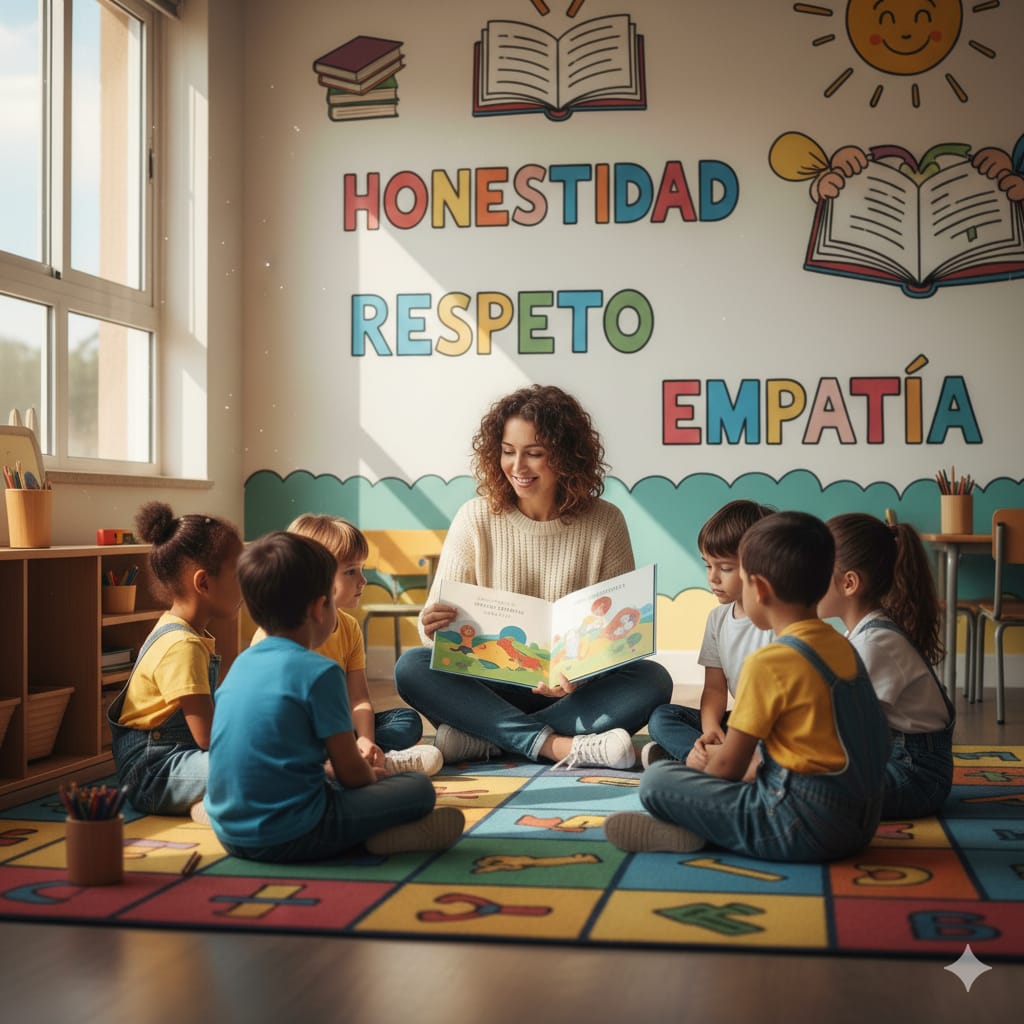 Niños escuchando un cuento sobre valores en un aula iluminada, guiados por una maestra.