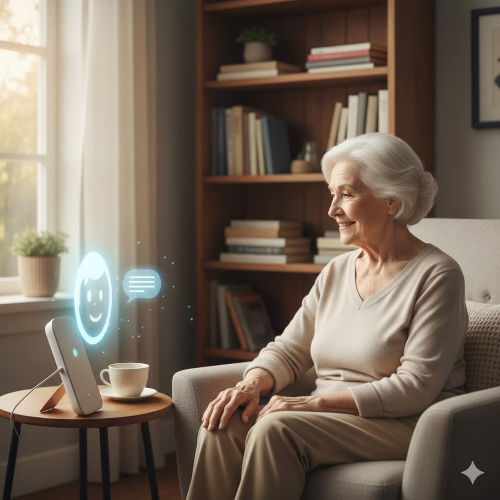 Mujer mayor sonriente interactuando con una interfaz de Inteligencia Artificial que proyecta un rostro amigable en un ambiente acogedor.