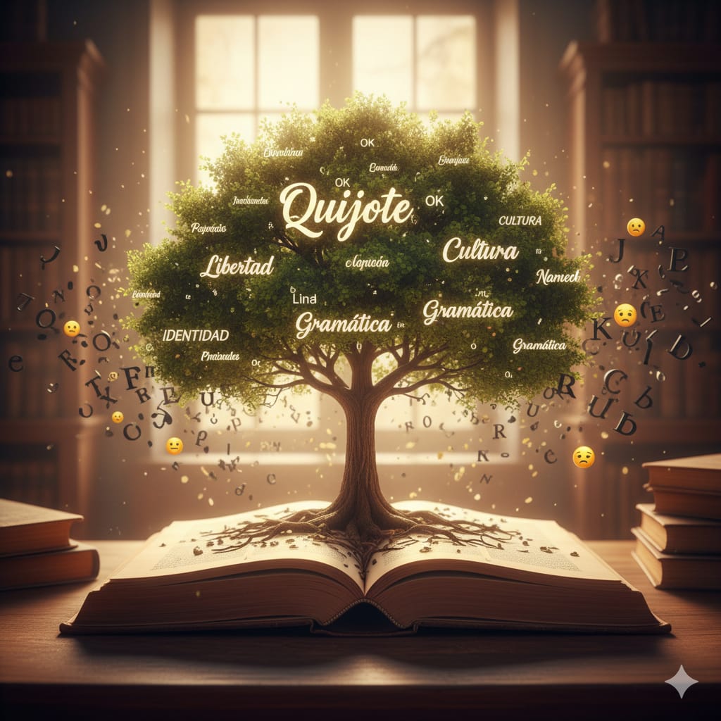Libro abierto con páginas que se transforman en un árbol cuyas raíces son palabras en español, simbolizando el enriquecimiento y el cuidado del idioma frente a la corrupción lingüística.
