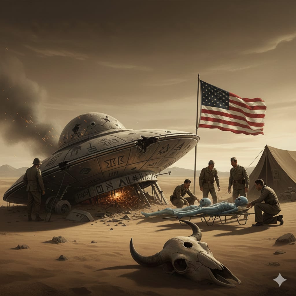 Representación artística de una nave extraterrestre siniestrada en Roswell y dos siluetas de alienígenas siendo examinadas, con el fondo del desierto de Nuevo México, haciendo alusión a la investigación de J.J. Benítez sobre el avance tecnológico.