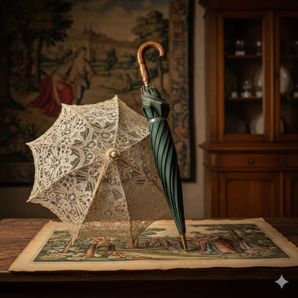 Una elegante sombrilla de encaje del siglo XVII junto a un antiguo paraguas de seda, evocando la transición histórica de la moda europea.