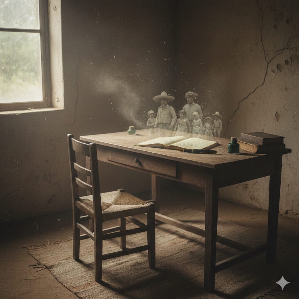 Escritorio de madera antiguo con una pluma fuente Sheaffer, tinta verde y manuscritos, evocando el entorno de escritura de Juan Rulfo.