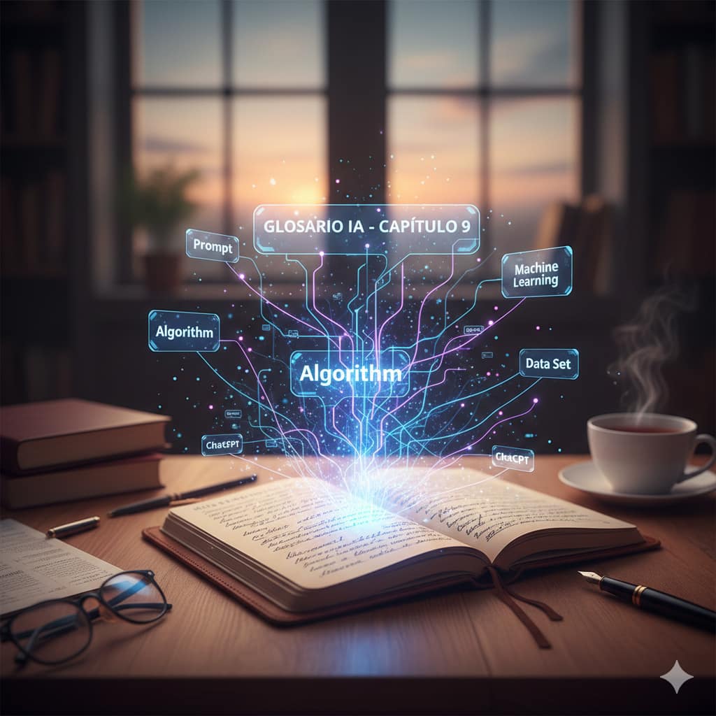 Una libreta de pasta dura abierta sobre un escritorio de madera, donde se ven términos de IA escritos a mano, rodeada de una luz cálida y tecnológica.