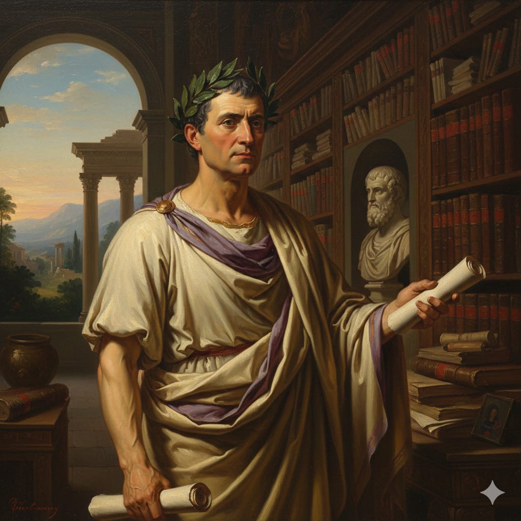 Retrato de Cicerón, orador y filósofo romano, en un estilo clásico con túnica y pergaminos, simbolizando su elocuencia y conocimiento.
