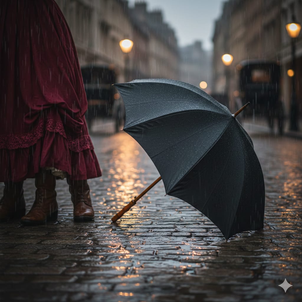 Un caballero elegante de época caminando bajo la lluvia en una calle antigua, sosteniendo un paraguas clásico de estructura firme y color oscuro