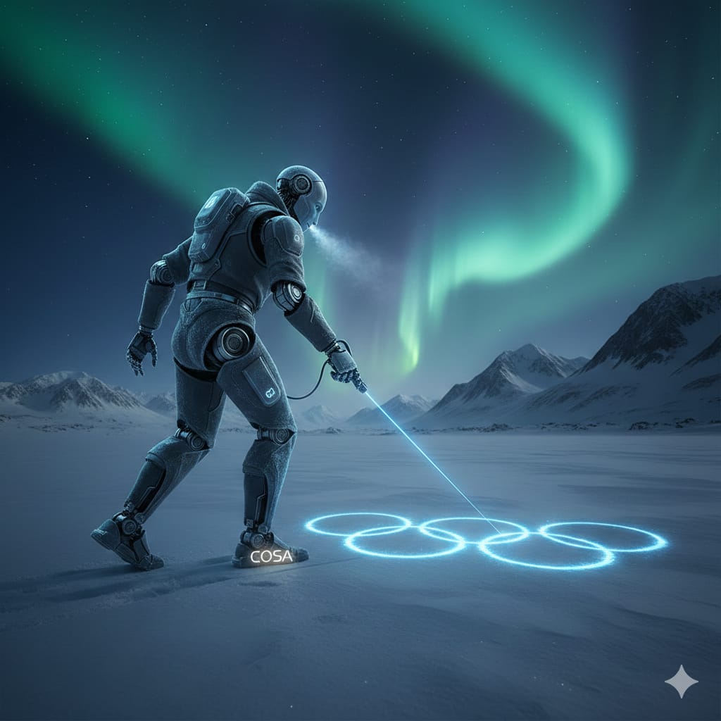 Un robot humanoide de aspecto futurista con movimientos fluidos en un entorno de nieve extrema, dibujando los aros olímpicos en el hielo. La imagen refleja la avanzada tecnología de COSA.