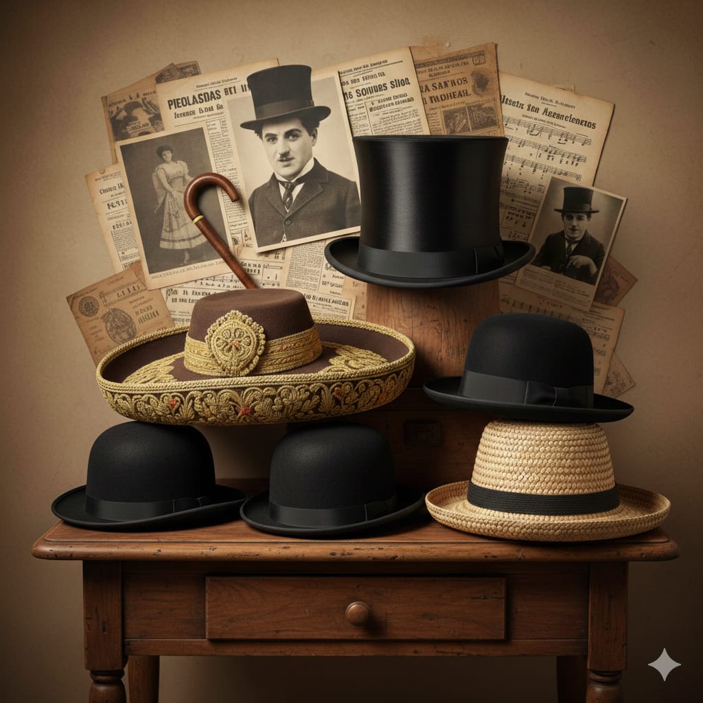 Bodegón artístico de sombreros históricos que incluye una chistera negra, un bombín, un sombrero porkpie y un sombrero de charro sobre una mesa de madera antigua.