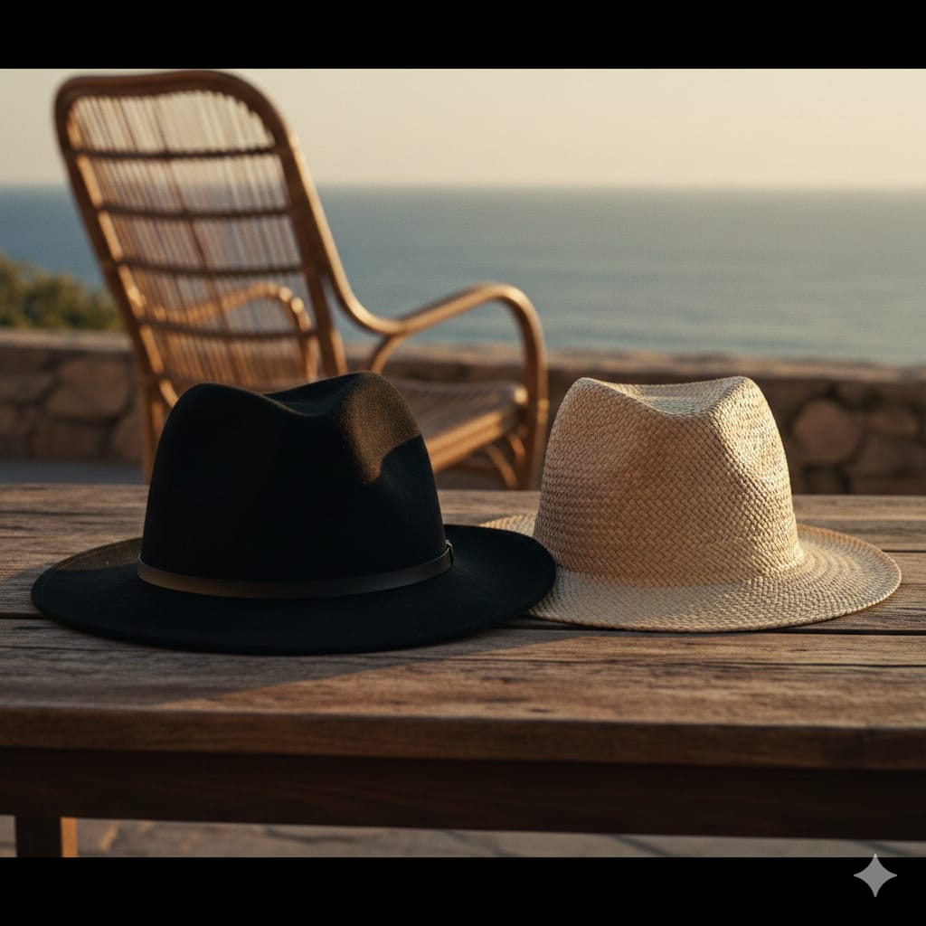 Un sombrero Fedora de fieltro negro y un sombrero de paja tipo Panamá descansando sobre una mesa de madera antigua con vista al mar Mediterráneo.