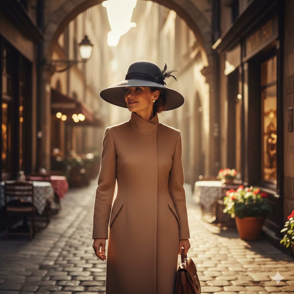 Mujer elegante con un sombrero de ala ancha estilo vintage en una calle europea, evocando la sofisticación de Agatha Christie y Coco Chanel.