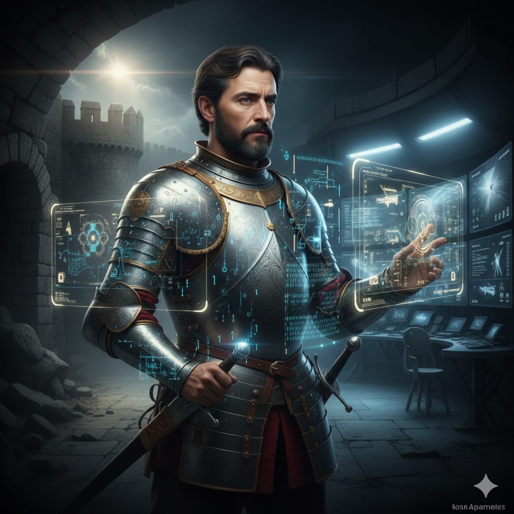 Retrato artístico de Gonzalo Fernández de Córdoba fusionado con circuitos digitales y hologramas de datos militares modernos.