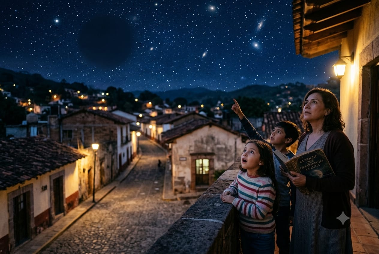 Ilustración fantástica de la noche que desapareció la Luna con un cielo estrellado sobre una ciudad serena.
