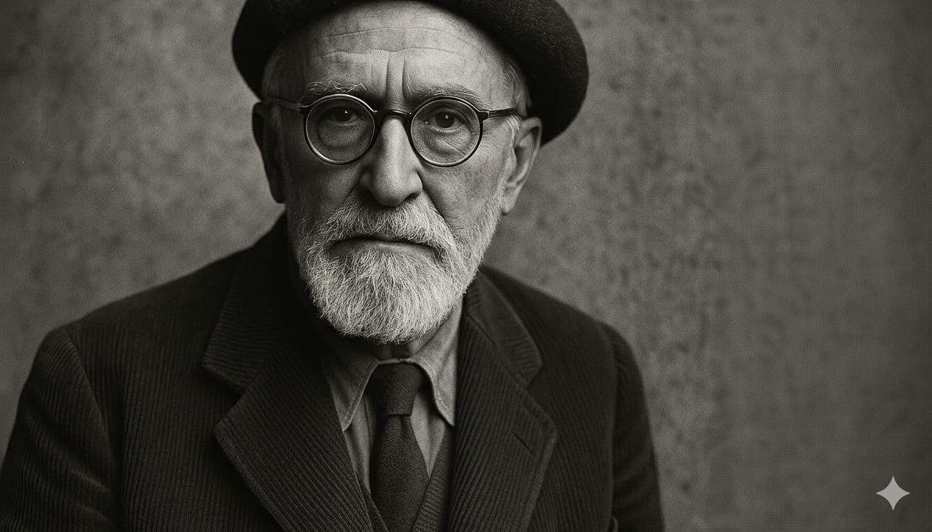 Retrato artístico de León Felipe con boina y mirada profunda, símbolo del exilio español en México.