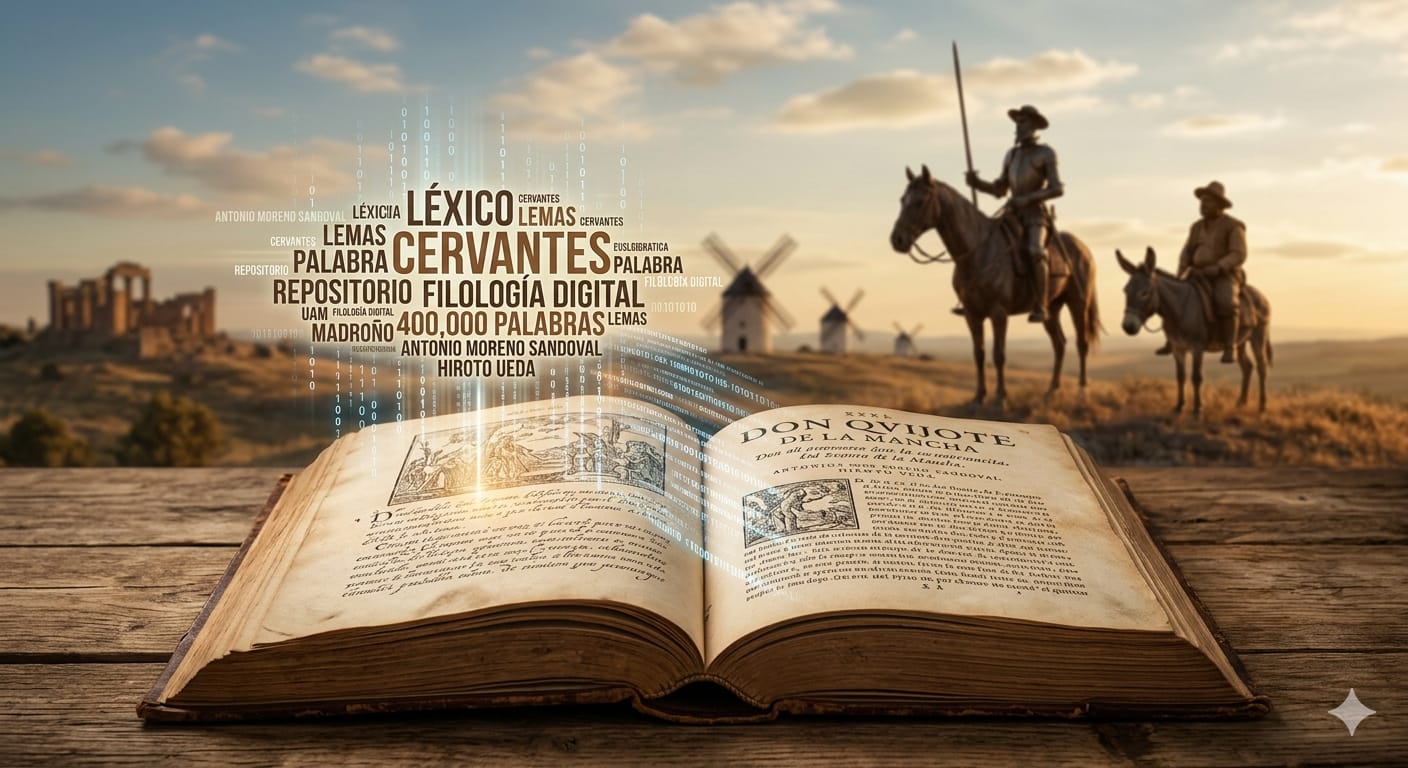 Representación artística de un libro antiguo del Quijote rodeado de datos digitales y códigos de filología computacional