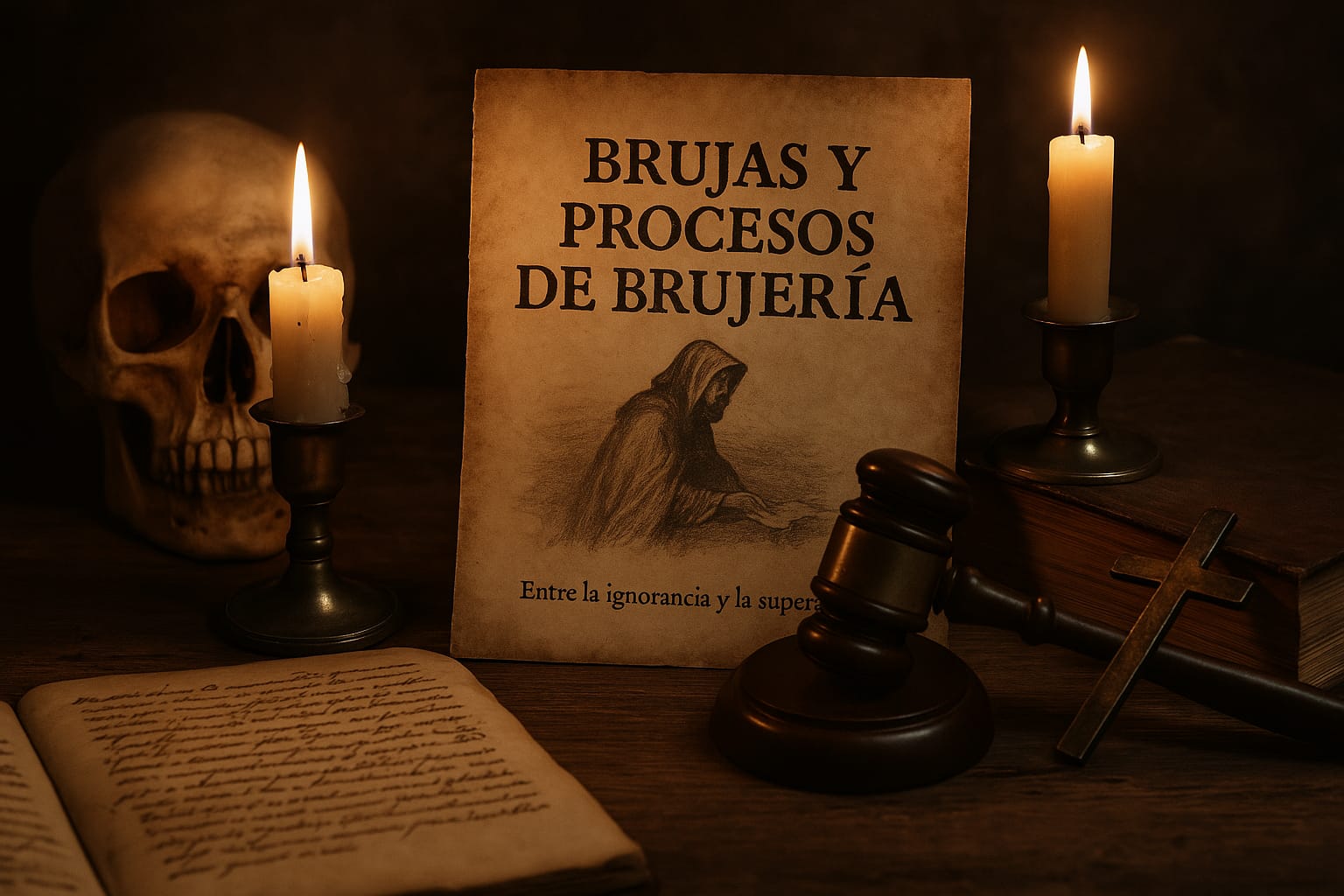 Escena antigua con elementos simbólicos de los juicios por brujería: vela encendida, calavera, libro viejo y martillo judicial sobre una mesa de madera.