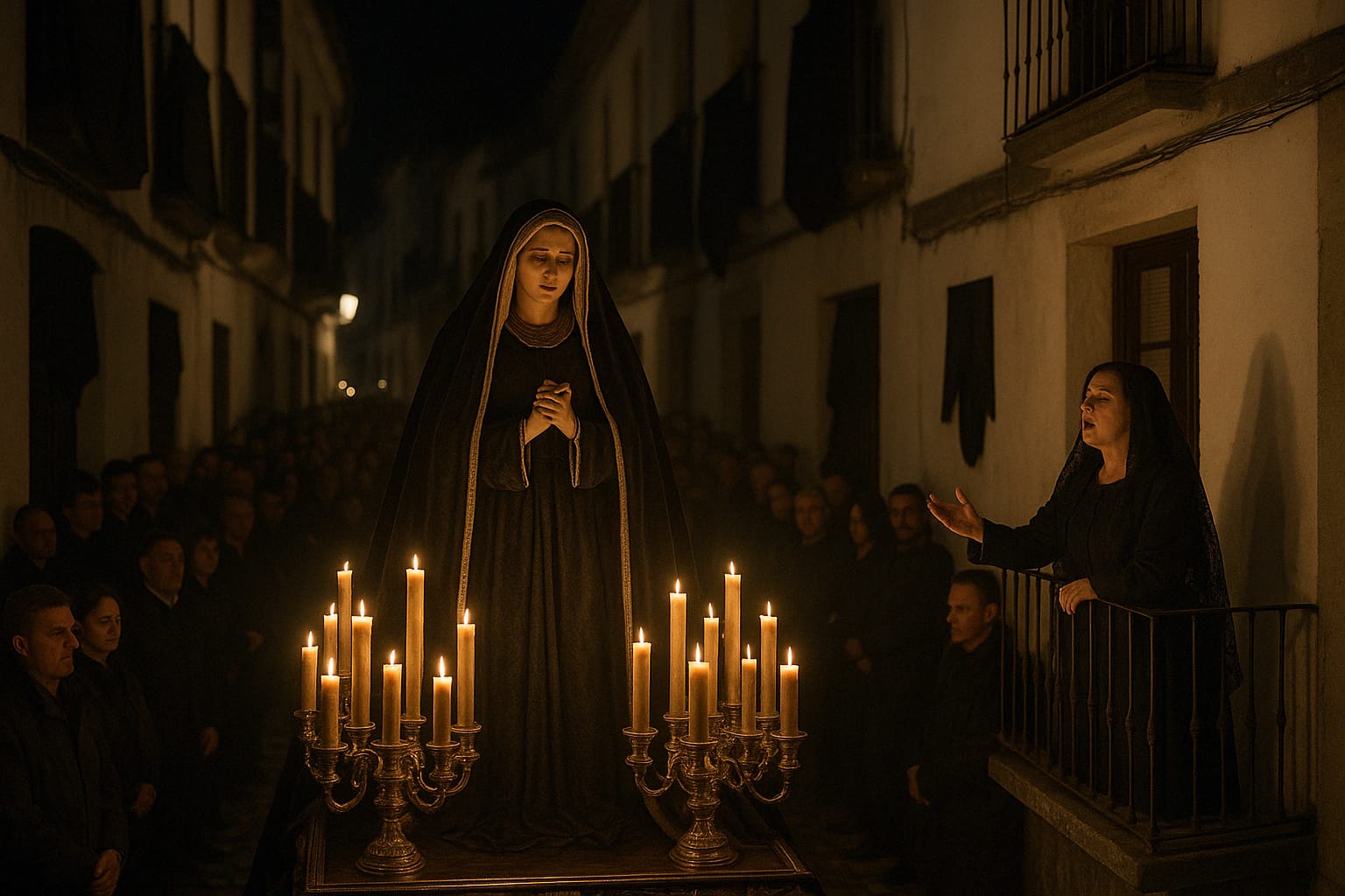 Procesión de Semana Santa en una calle andaluza: la Virgen Dolorosa avanza sobre un paso adornado con cirios encendidos, mientras una mujer de luto canta una saeta desde un balcón, rodeada por una multitud silenciosa.