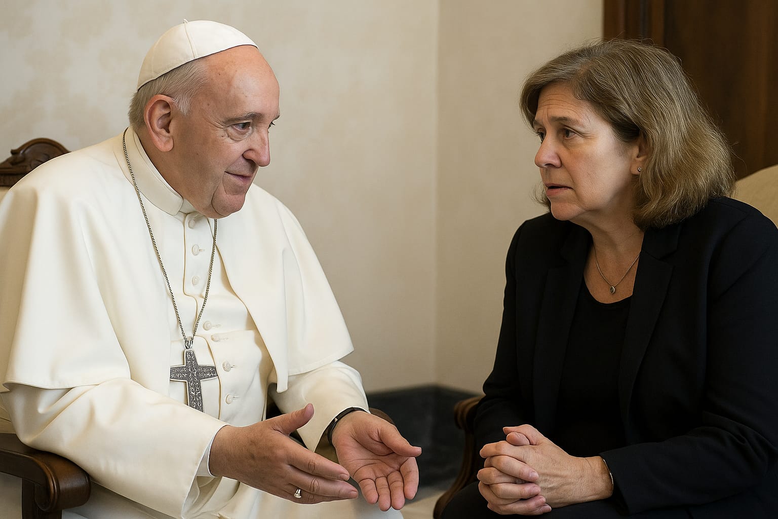 Pope Francis en una conversación privada con una mujer, sentados frente a frente en un ambiente cálido y solemne.