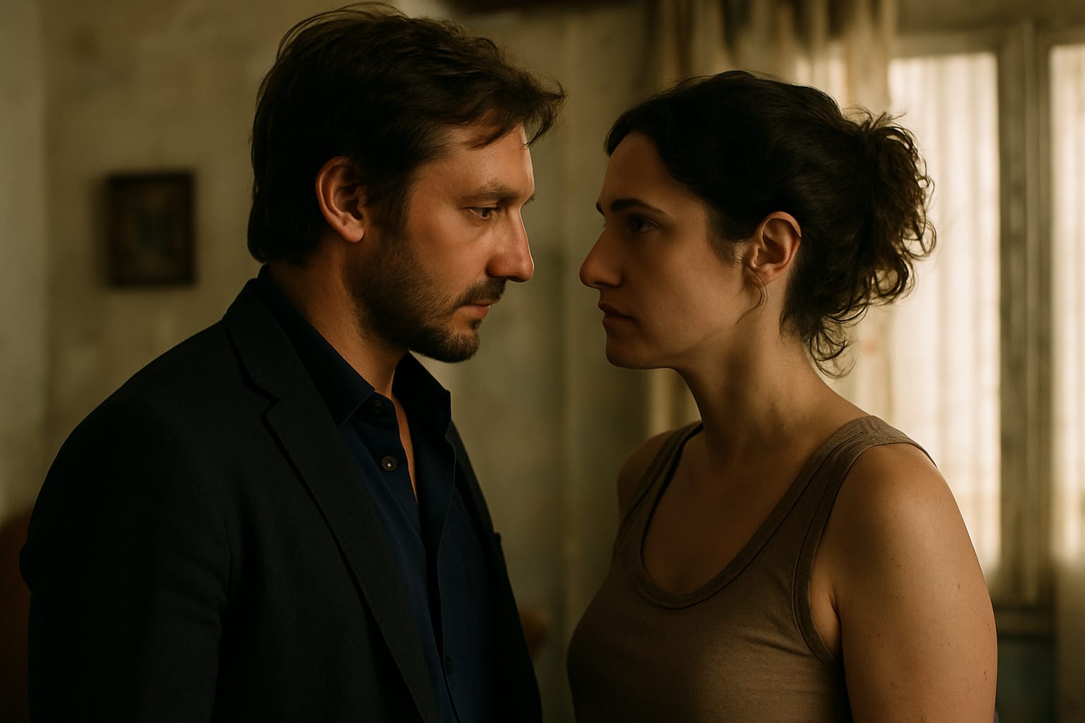 Escena de Corazón Delator con Benjamín Vicuña y Julieta Díaz en un momento íntimo, expresando emociones profundas sin palabras.