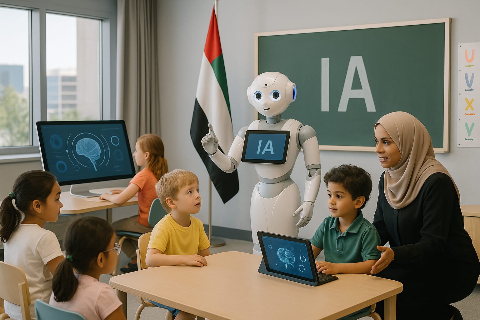 Niños en aula moderna aprendiendo con tecnología e inteligencia artificial en Emiratos Árabes