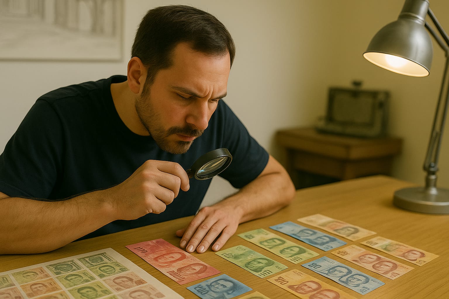 Diseñador observando billetes mexicanos con lupa en un estudio artístico