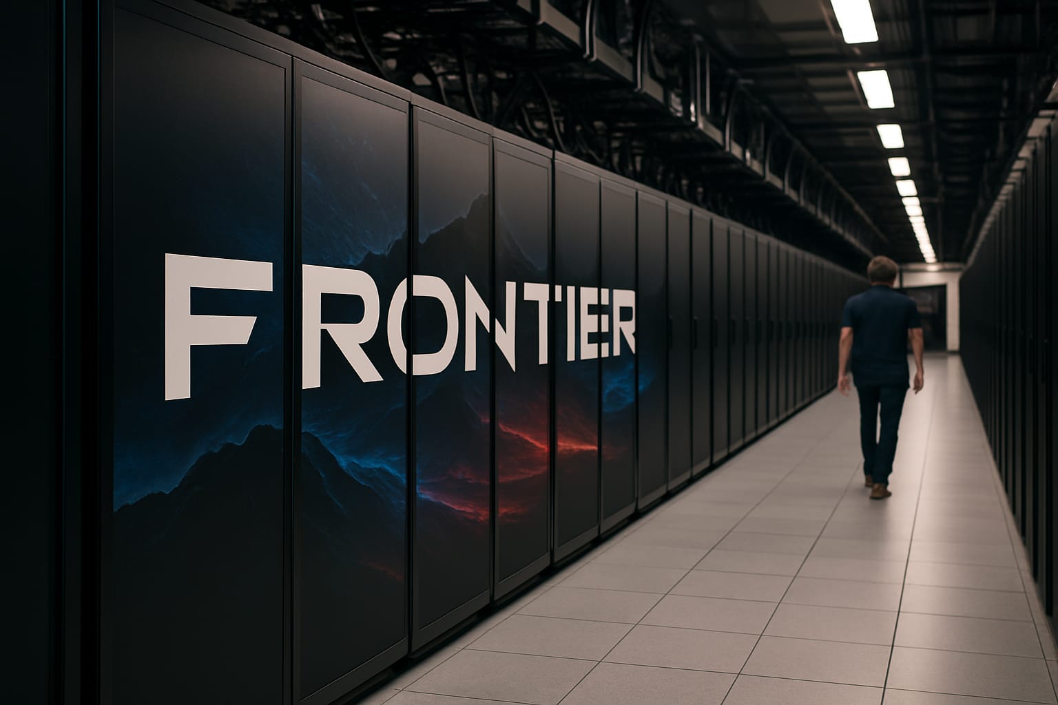 Vista de la supercomputadora Frontier en el ORNL, con gabinetes oscuros y un técnico caminando por el pasillo.