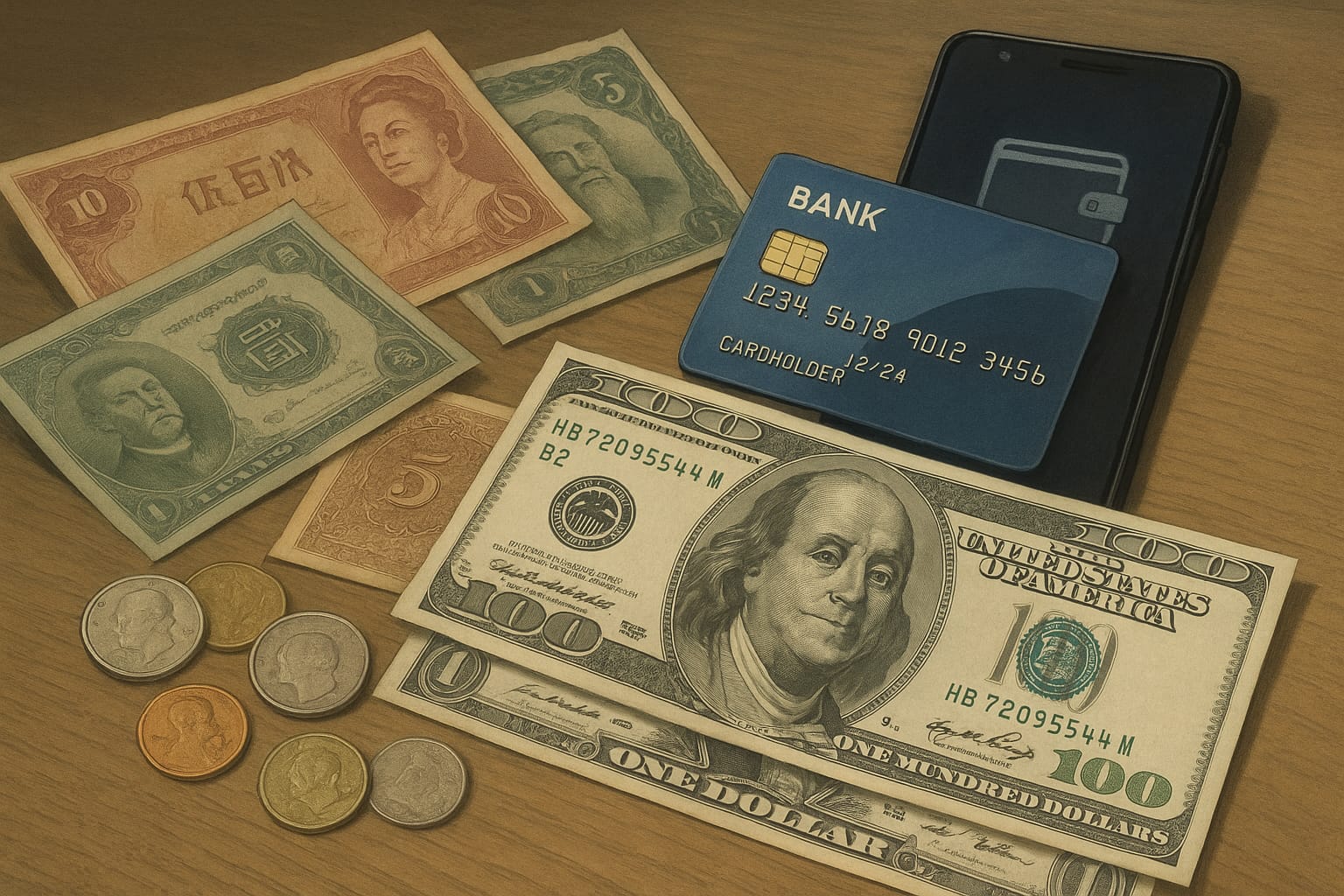 Ilustración de billetes antiguos y modernos, representando la evolución del papel moneda hasta la era digital.