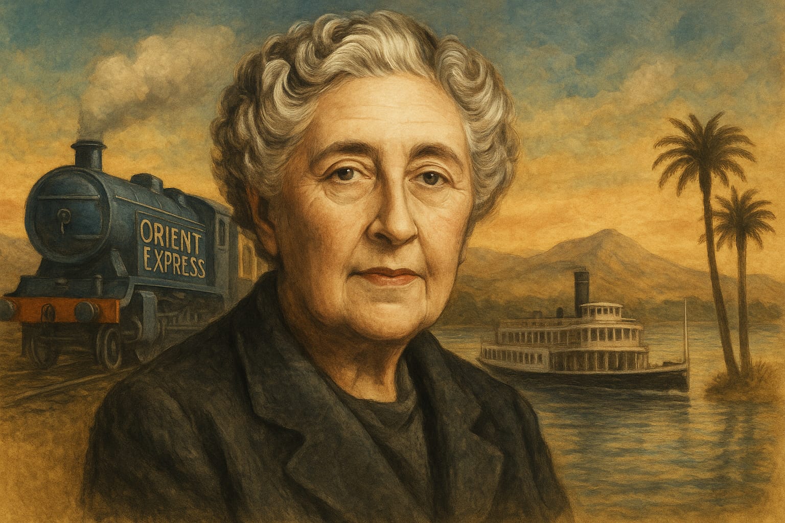 Retrato artístico de Agatha Christie con un fondo del Orient Express y el río Nilo