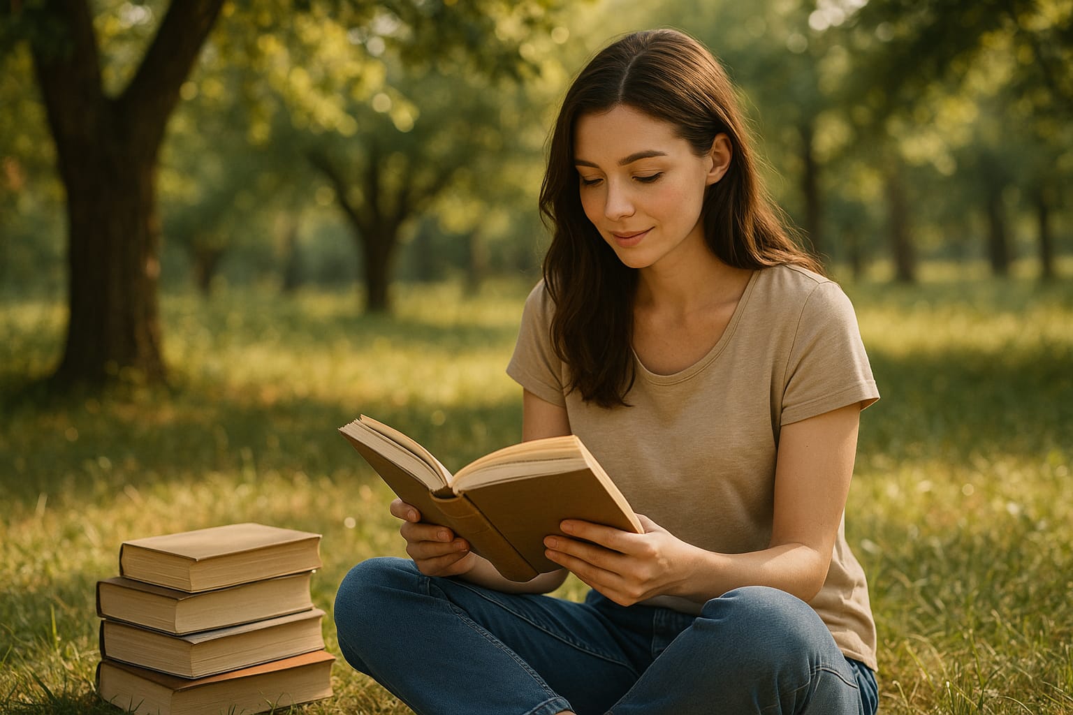 Mujer leyendo un libro en un entorno natural, rodeada de libros y tranquilidad