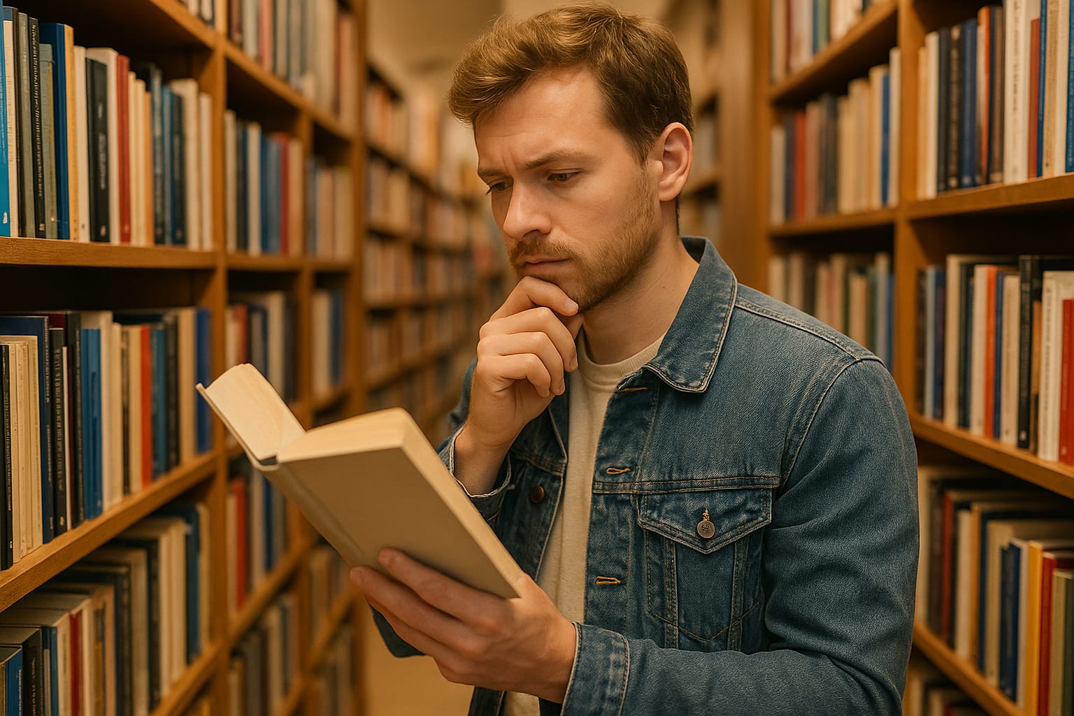 Persona eligiendo un libro en una librería con expresión reflexiva