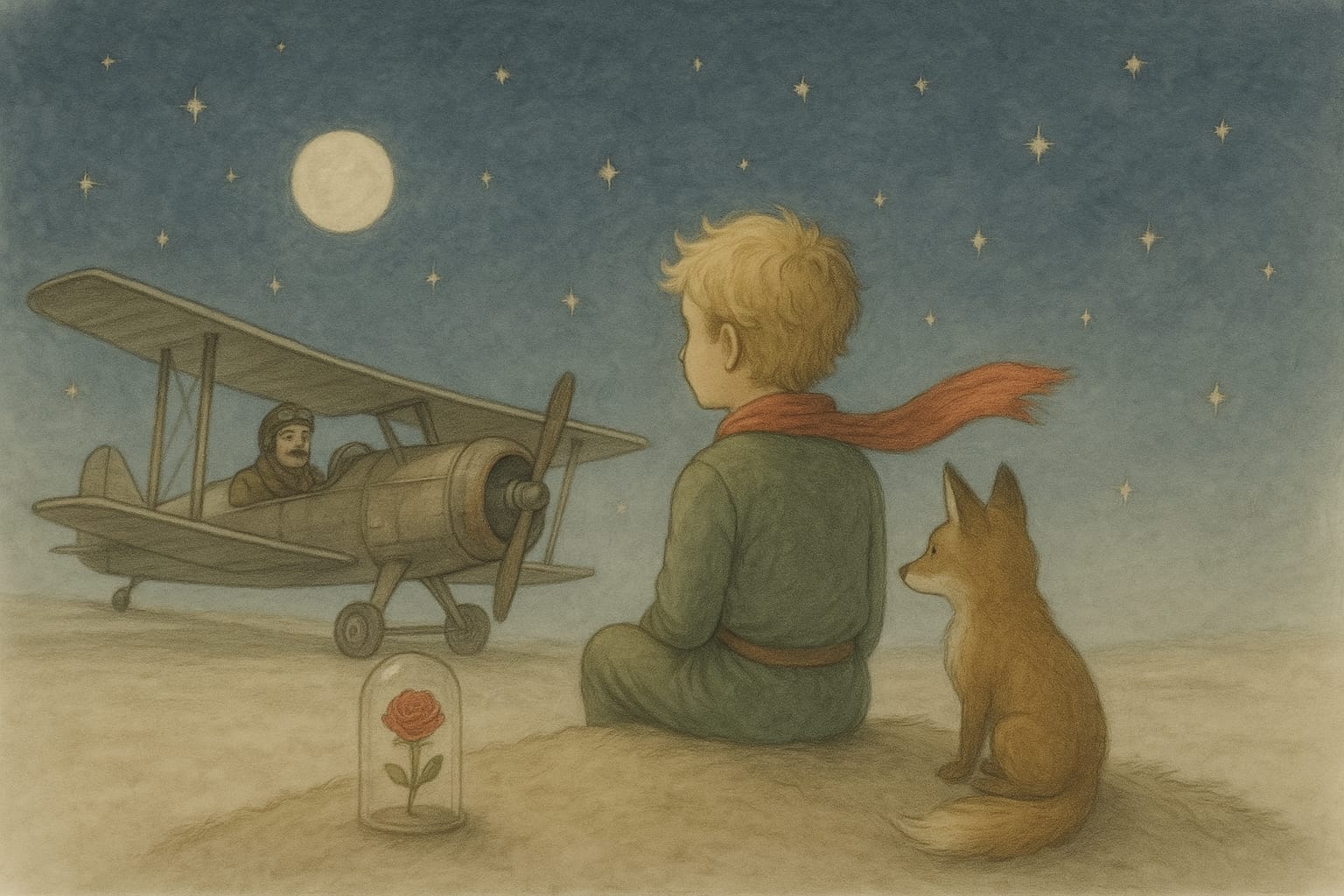 Ilustración de El Principito con la flor y el zorro en un paisaje estrellado
