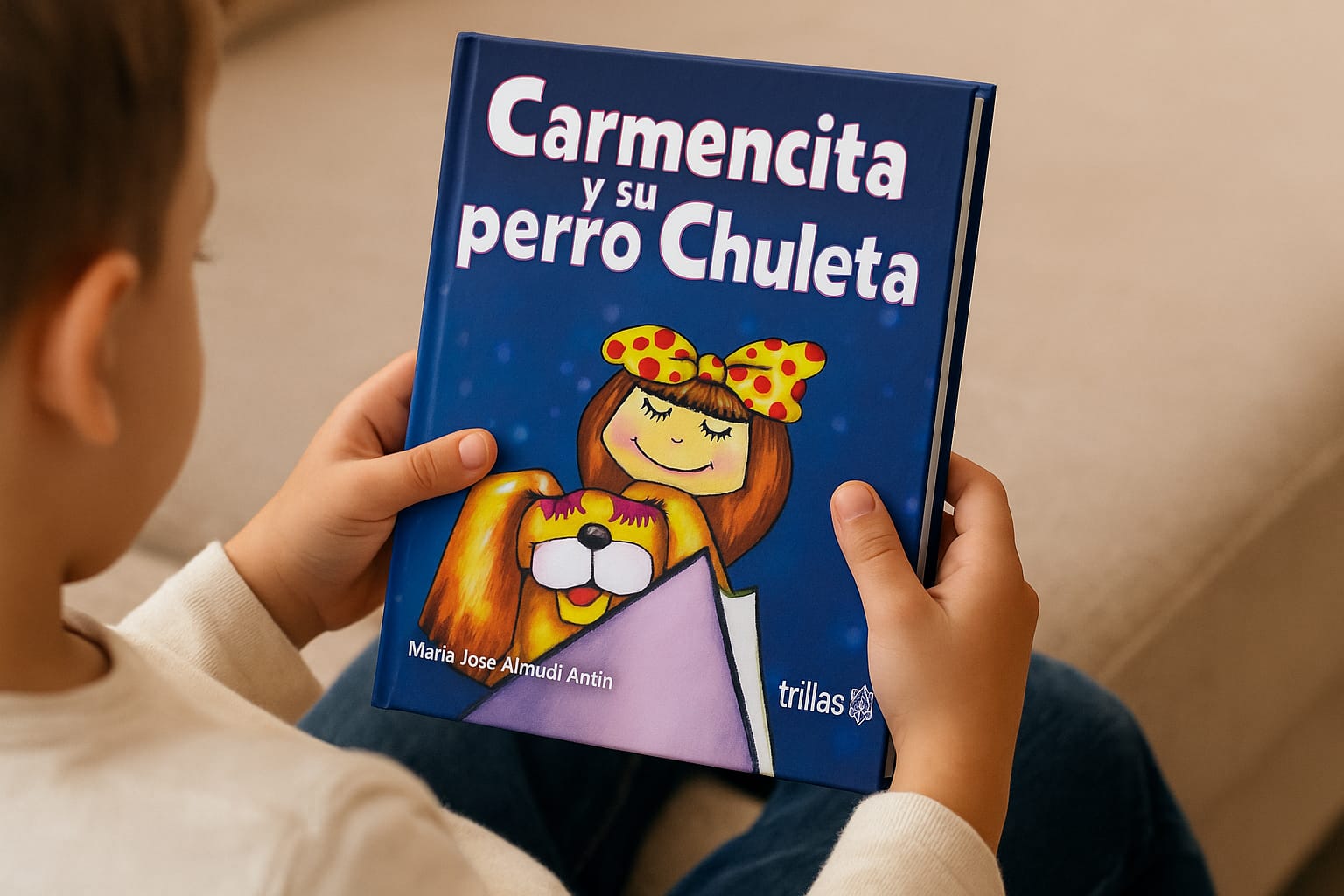 Ilustración de Carmencita, una niña con su perro Chuleta en un campo lleno de flores, disfrutando del día juntos.