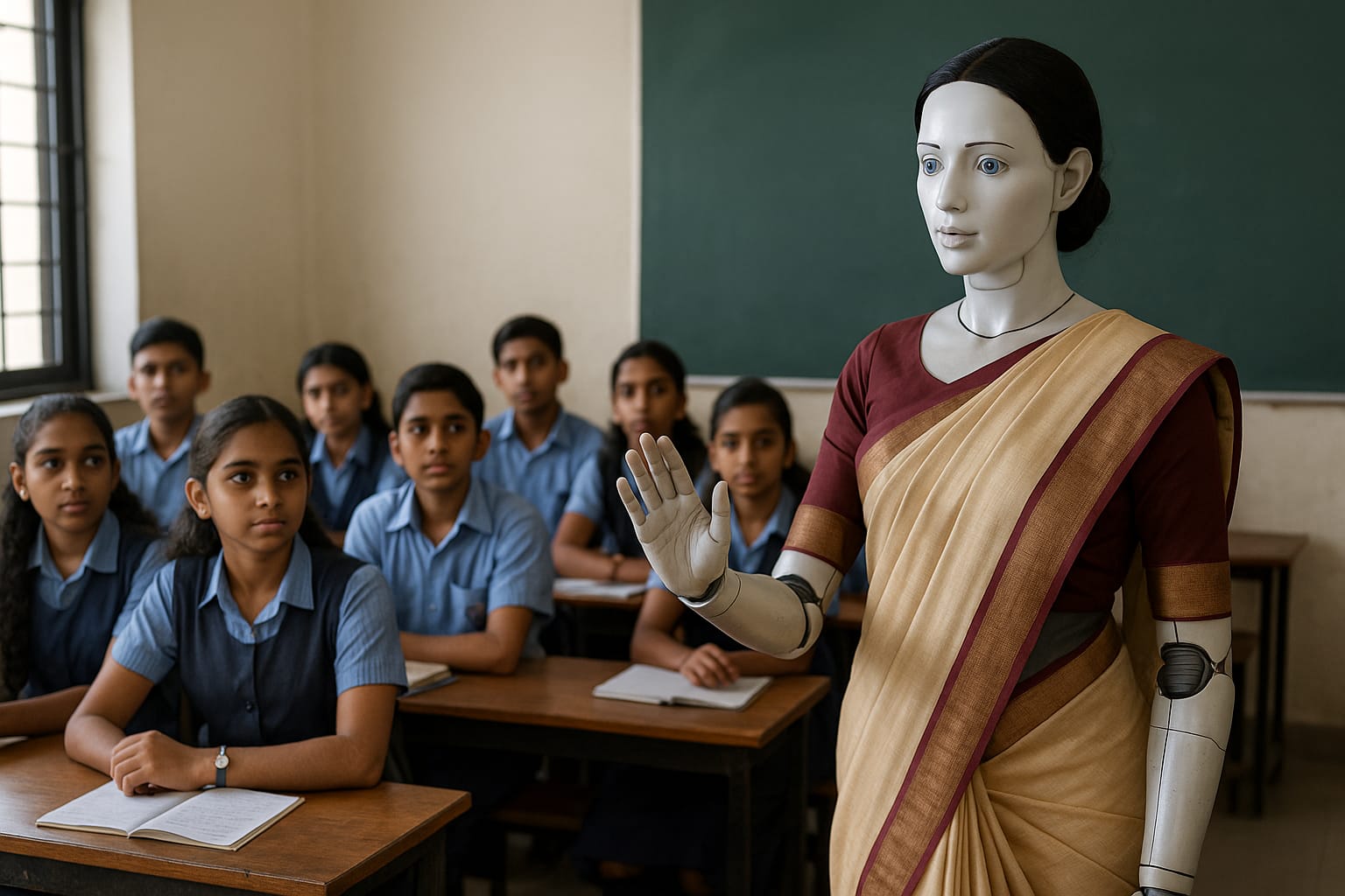 Robot humanoide IRIS enseñando en un salón de clases en India, como primera profesora con inteligencia artificial.