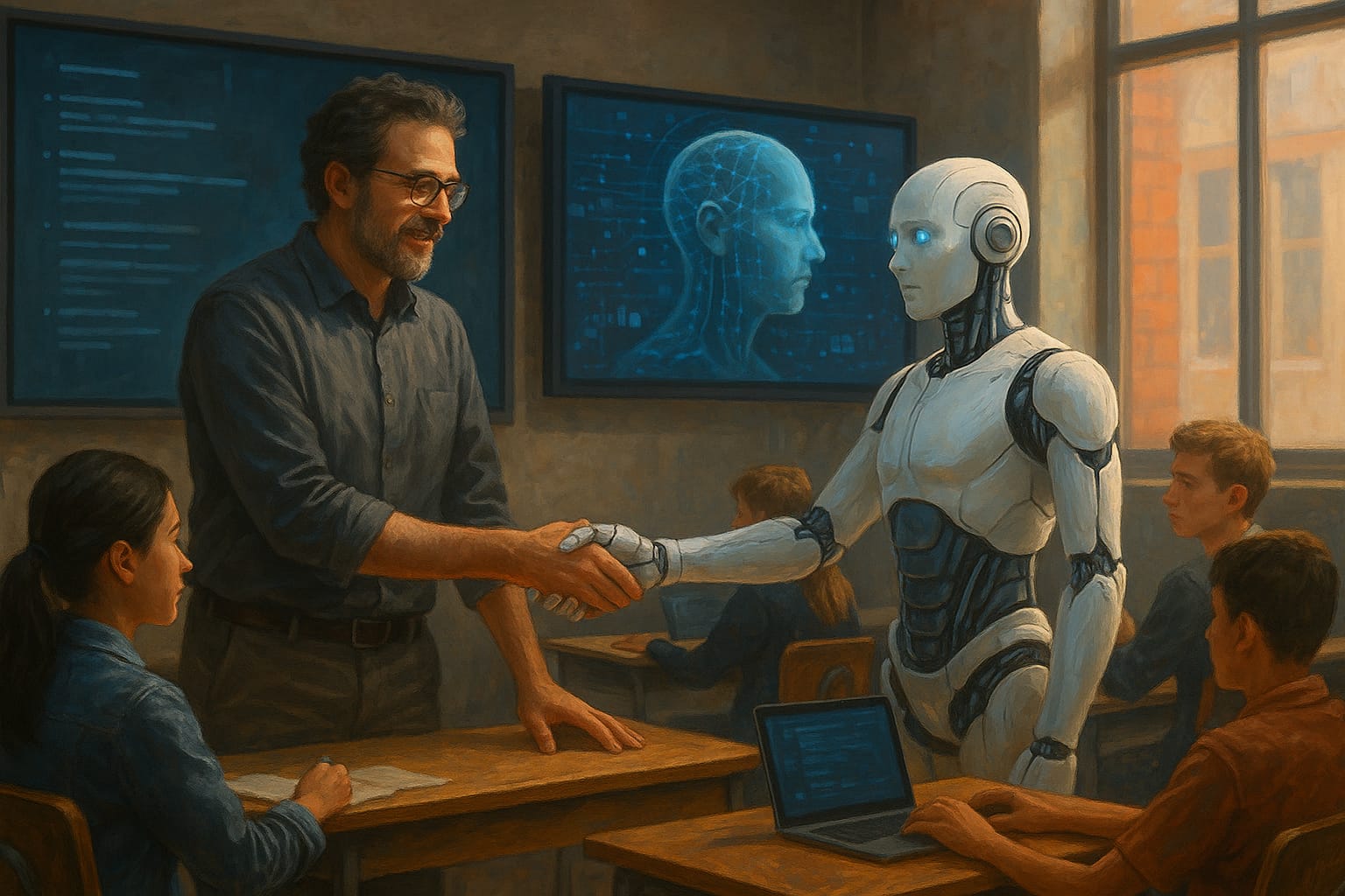 Ilustración de un aula moderna donde un docente interactúa con herramientas de inteligencia artificial junto a estudiantes.
