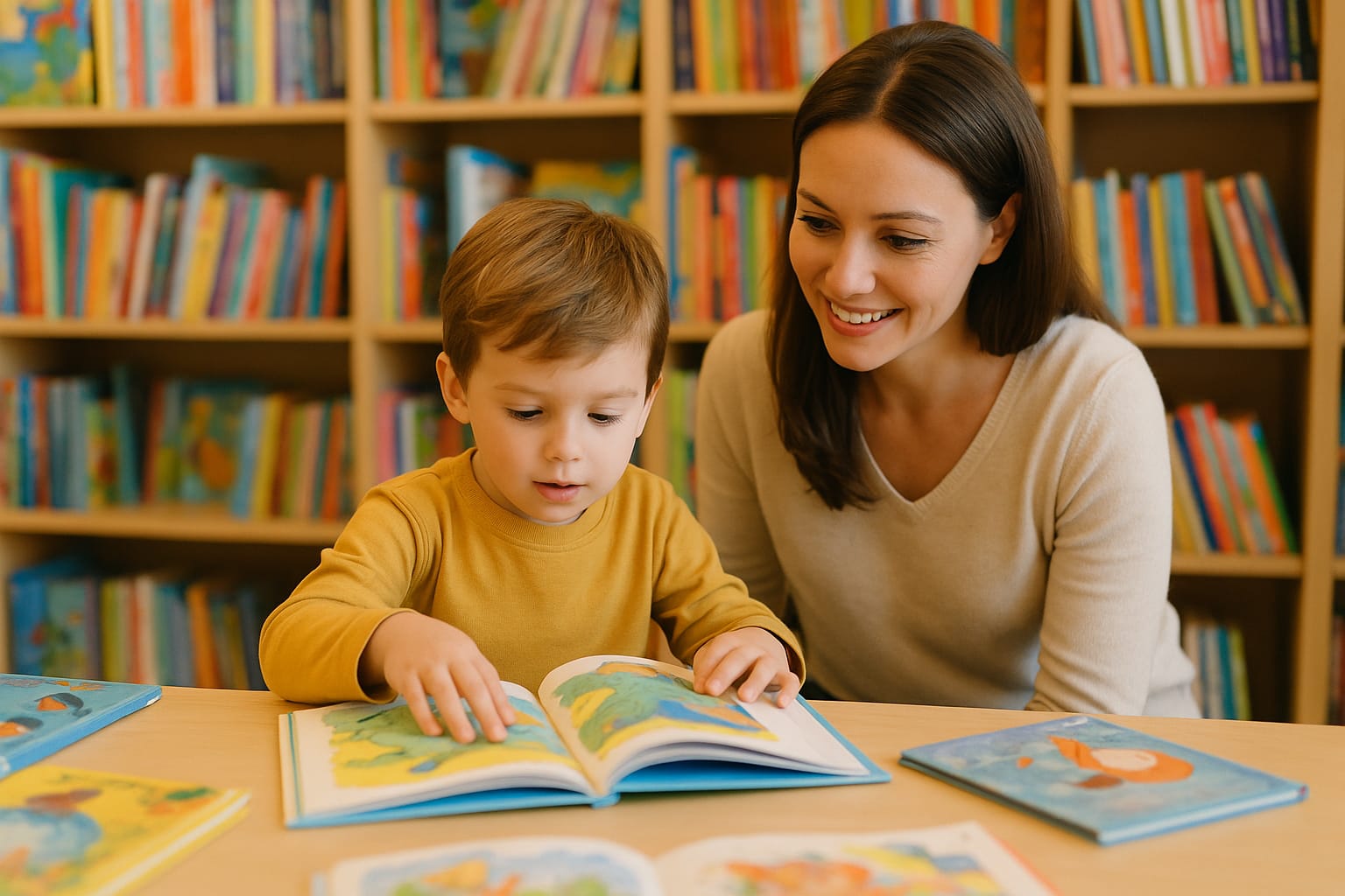 Niño pequeño explorando libros ilustrados en una librería acompañado de su madre.