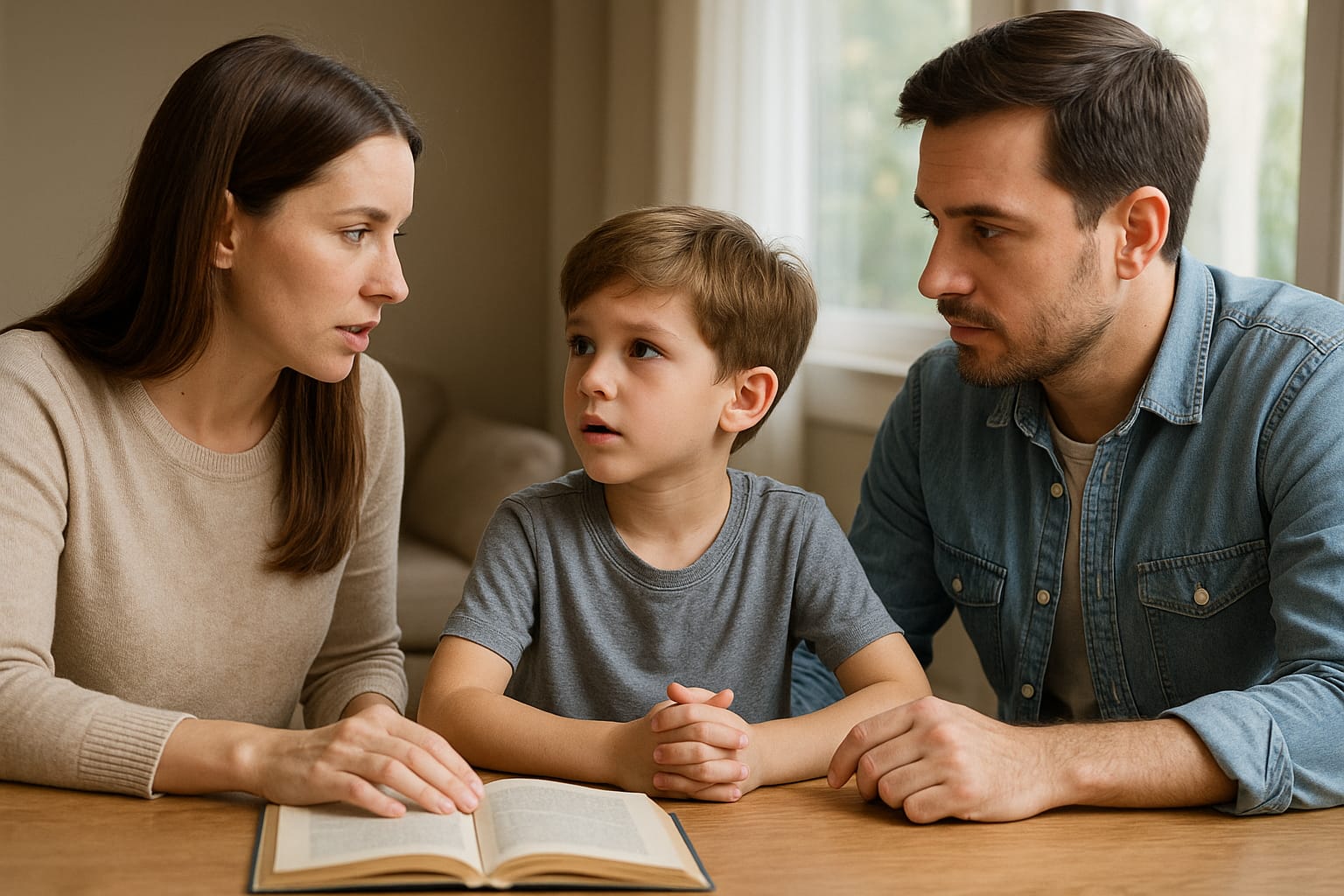Padres enseñando valores a su hijo pequeño en casa con amor y paciencia.