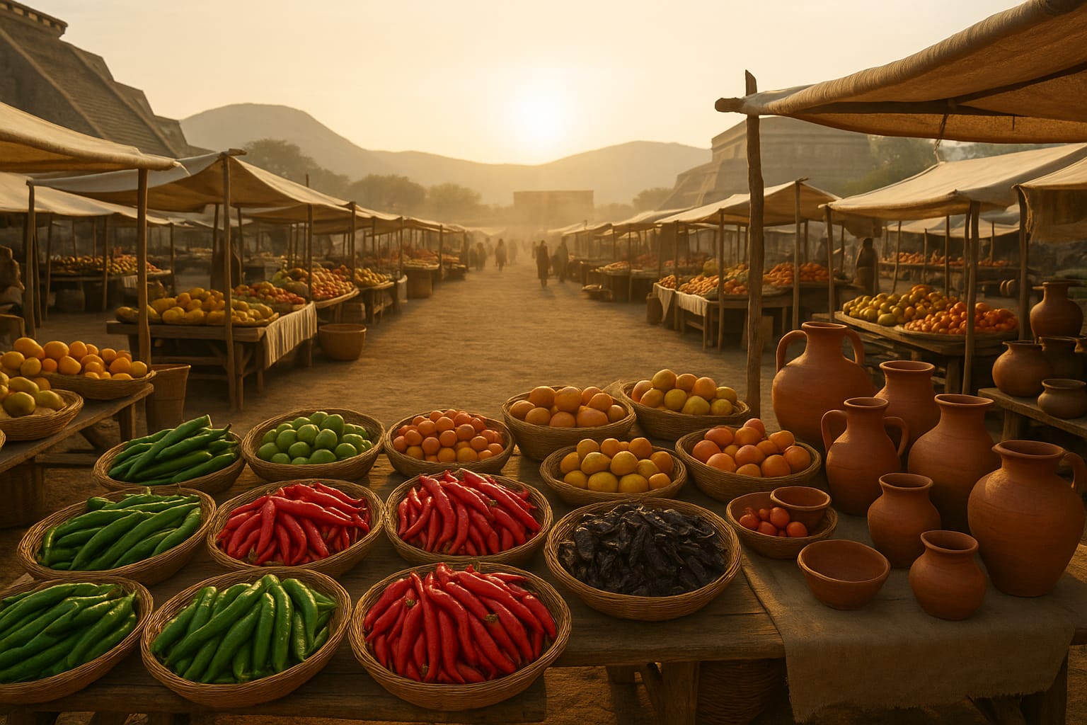 Vista panorámica del mercado tolteca de Tollan al amanecer, con puestos de pimientos, frutas y cerámica tradicional bajo una luz dorada mesoamericana.