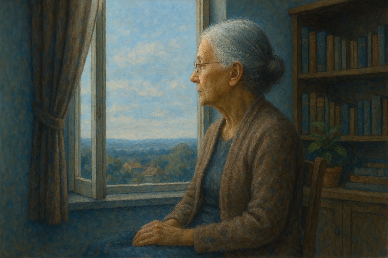 Mujer mayor contemplando el atardecer desde su ventana, con expresión serena y reflexiva, símbolo de soledad acompañada.