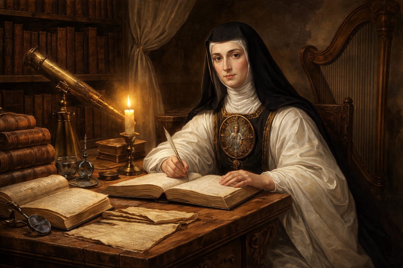 Ilustración artística de Sor Juana Inés de la Cruz en su celda rodeada de libros, instrumentos científicos y musicales, símbolo de su saber y libertad intelectual.