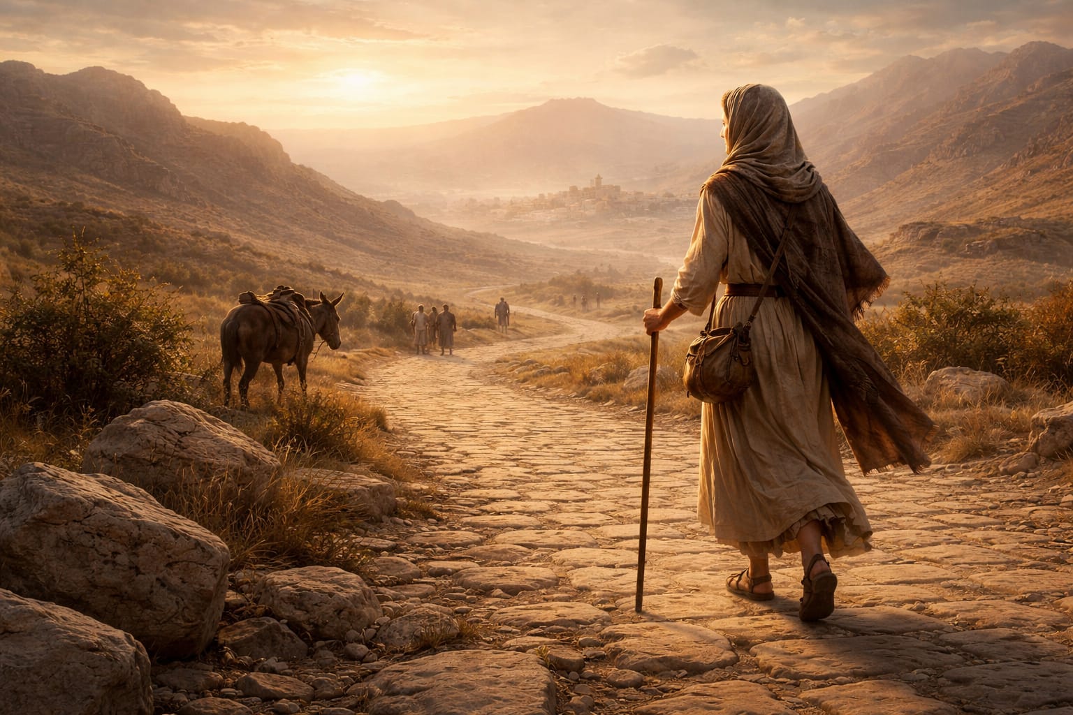 Mujer peregrina del siglo IV caminando por un camino romano hacia Jerusalén con paisaje desértico y montañas al fondo