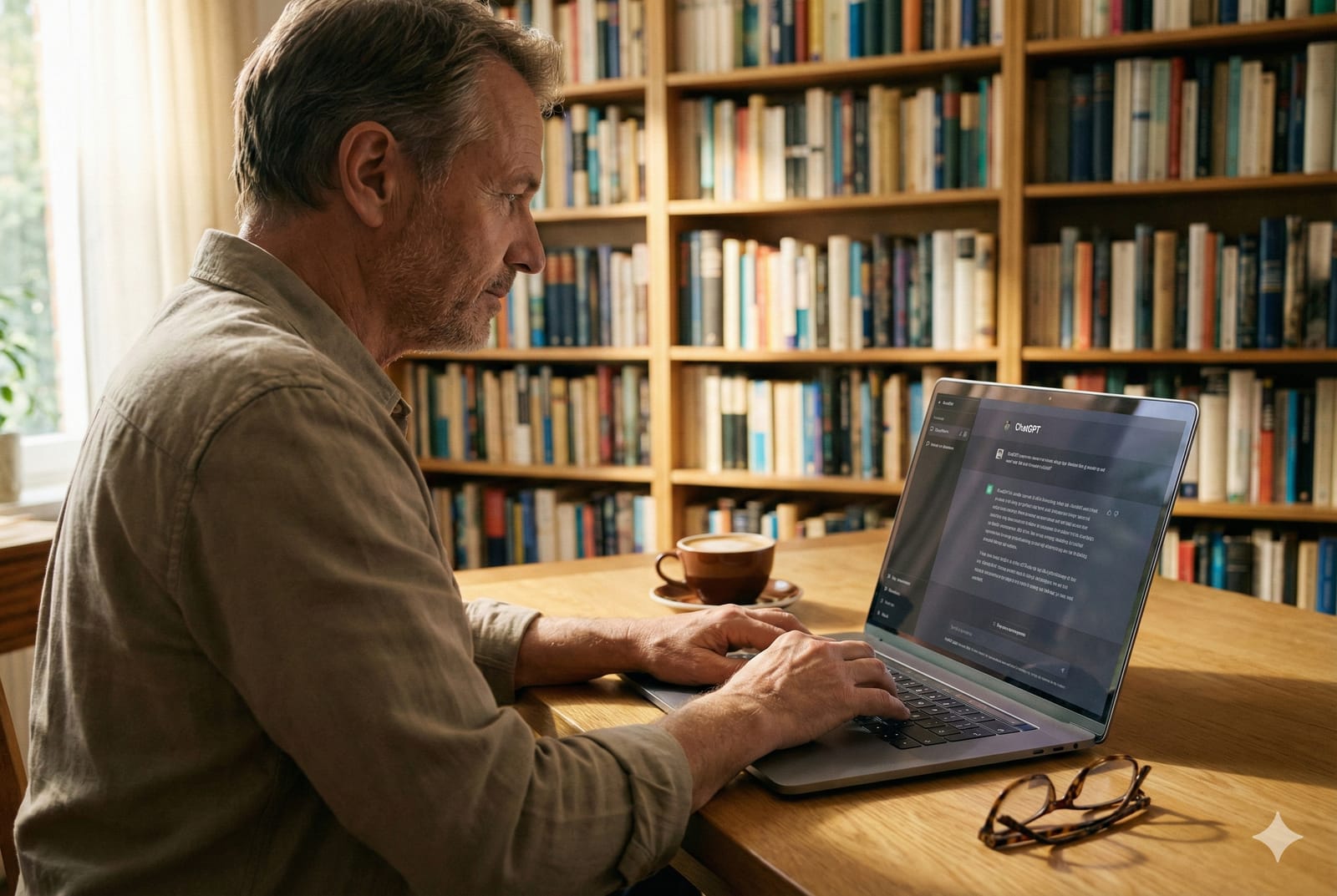 Manos de una persona escribiendo en una computadora portátil con una interfaz de chat de inteligencia artificial en la pantalla, en un ambiente de estudio cálido.