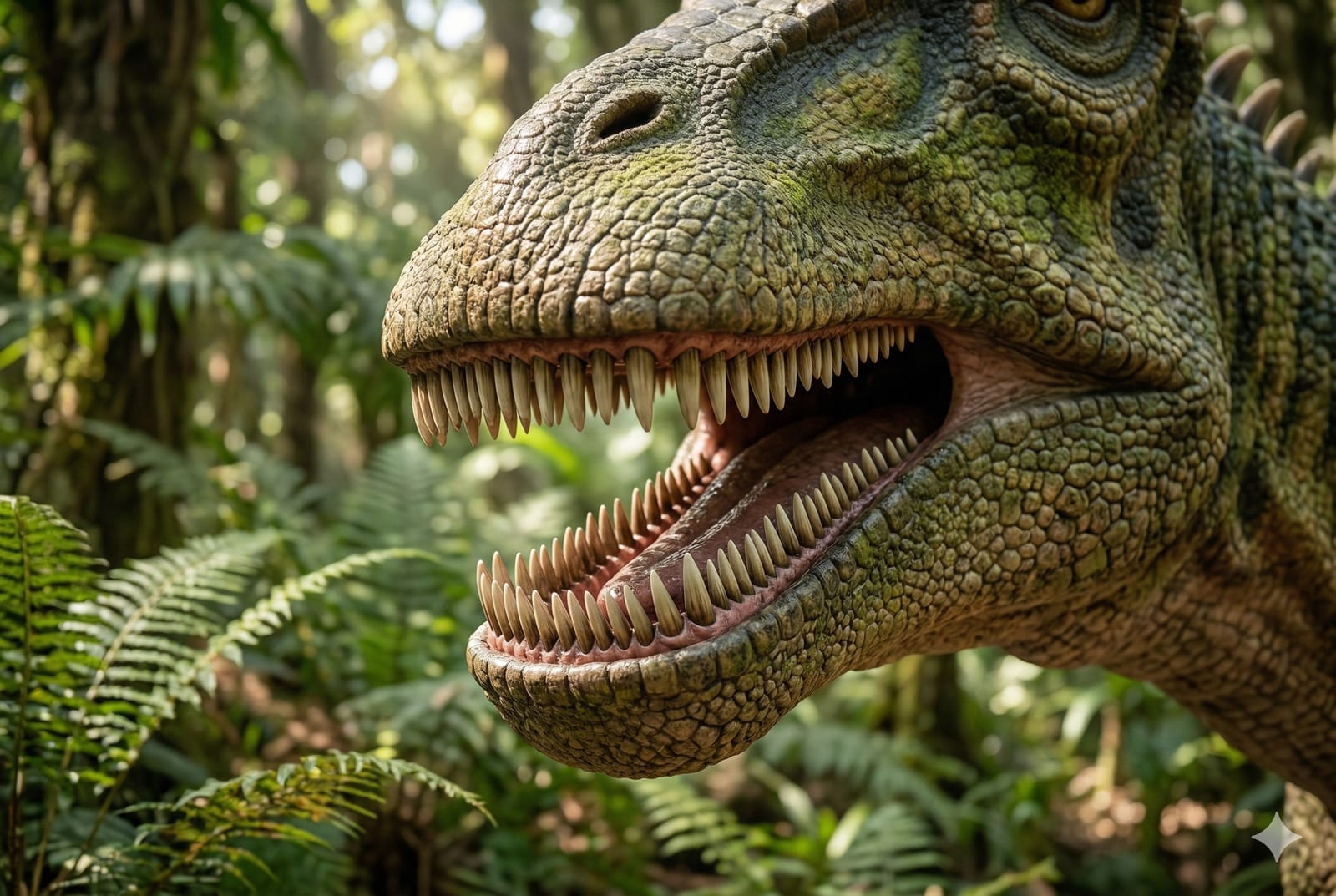 Ilustración artística detallada de un primer plano de la mandíbula abierta de un Nigersaurus, mostrando sus baterías dentales con cientos de dientes pequeños y alineados, en un entorno selvático prehistórico.