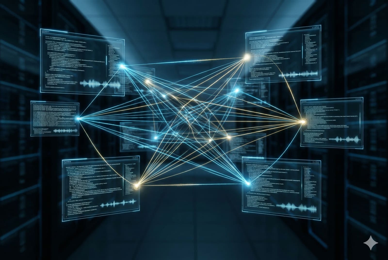 Representación artística de múltiples flujos de datos y nodos de luz interconectados en una red neuronal digital, simbolizando inteligencias artificiales conversando en una red social propia.