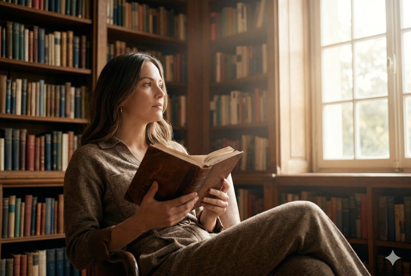Una mujer joven del siglo XXI sentada en una biblioteca clásica, sosteniendo un libro abierto mientras la luz del sol entra por un ventanal, simbolizando la libertad a través del saber.