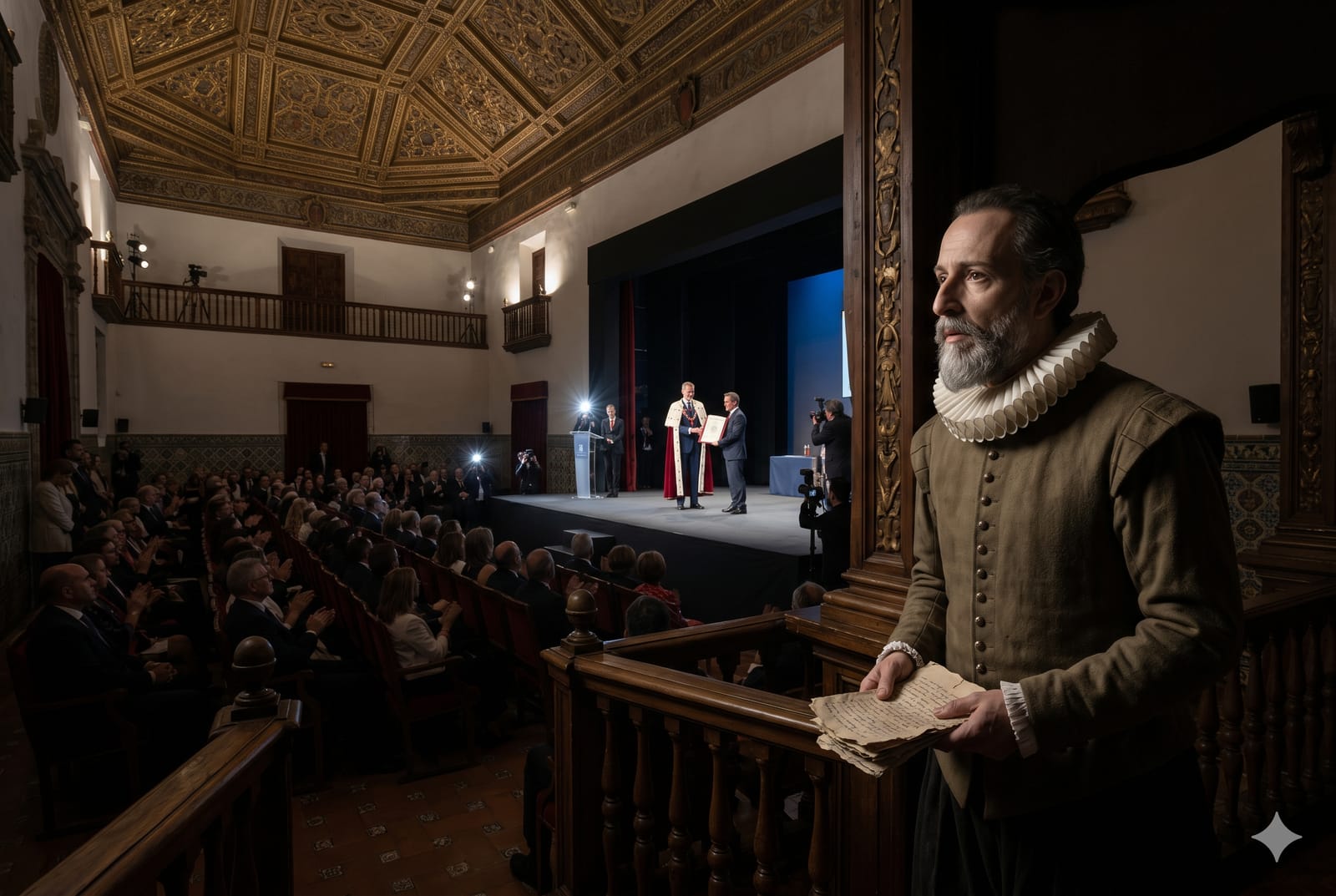 Fotografía fotorrealista que representa a Miguel de Cervantes, vestido de época con lechuguilla, asistiendo invisible a la entrega moderna del Premio Cervantes en el Paraninfo de la Universidad de Alcalá de Henares durante el 23 de abril, Día del Libro.