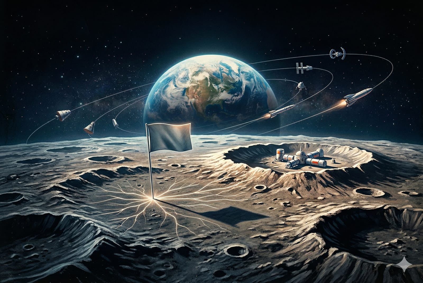 Ilustración artística de estilo retro-futurista que muestra una bandera genérica plantada en el suelo lunar texturizado, con la Tierra visible al fondo y naves espaciales orbitando, evocando la pregunta sobre la soberanía lunar.