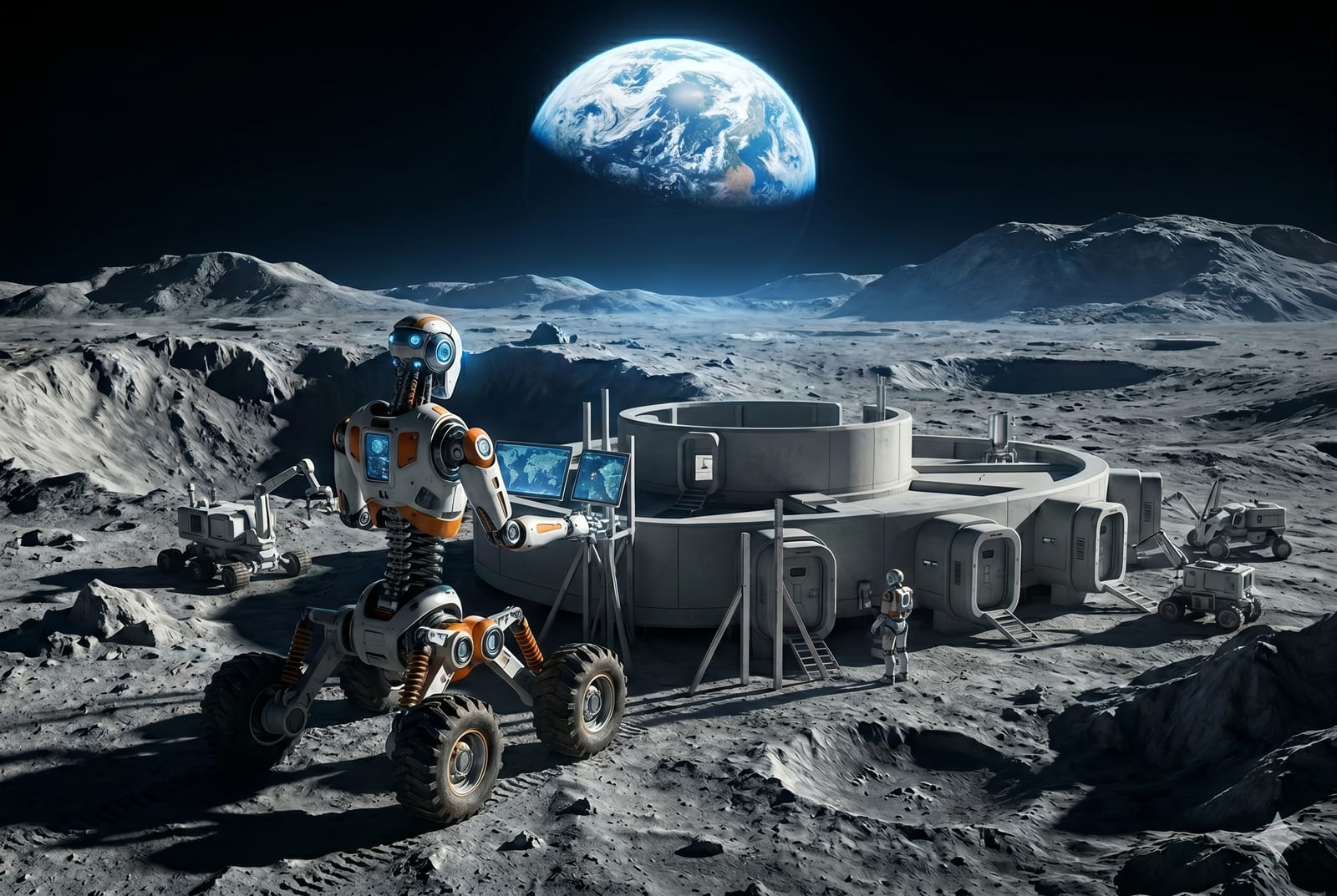 Robot humanoide chino sobre cuatro ruedas construyendo una base lunar en el siglo XXI, con la Tierra al fondo reflejando luz solar sobre valles lunares de textura realista.